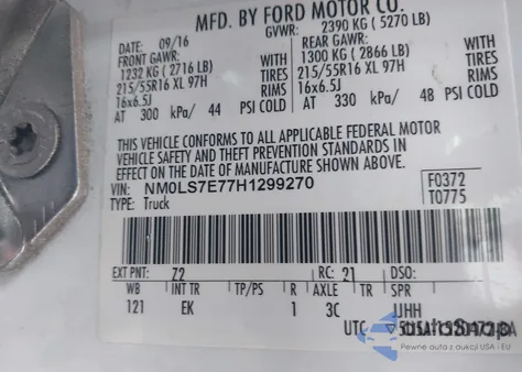 2017 Ford Transit Connect Xl z USA, uszkodzony, nr VIN NM0LS7E77H1299270